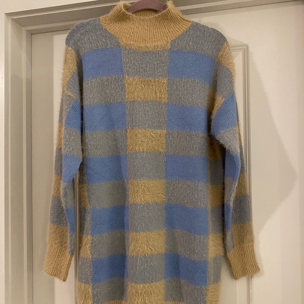 Forever 21 Fuzzy camel/blue checkered sweater dress